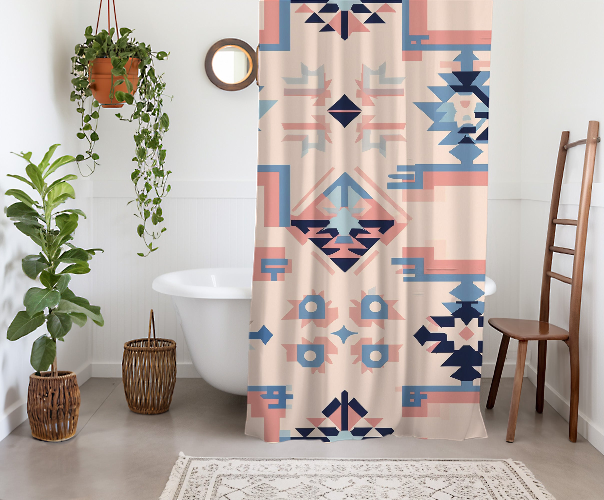 Aztec Pastel Pink Shower Curtain South Western Colorful Abstract Geometric Pattern, Lightweight 100% Polyester, Water and Mildew Resistant, Multiple sizes with Hooks