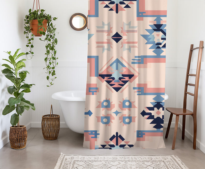 Aztec Western Shower Curtain - A pink pastel colorful, geometric shower curtain with an Aztec and Western-inspired design. Made from water-resistant, lightweight polyester fabric. Available in various sizes.