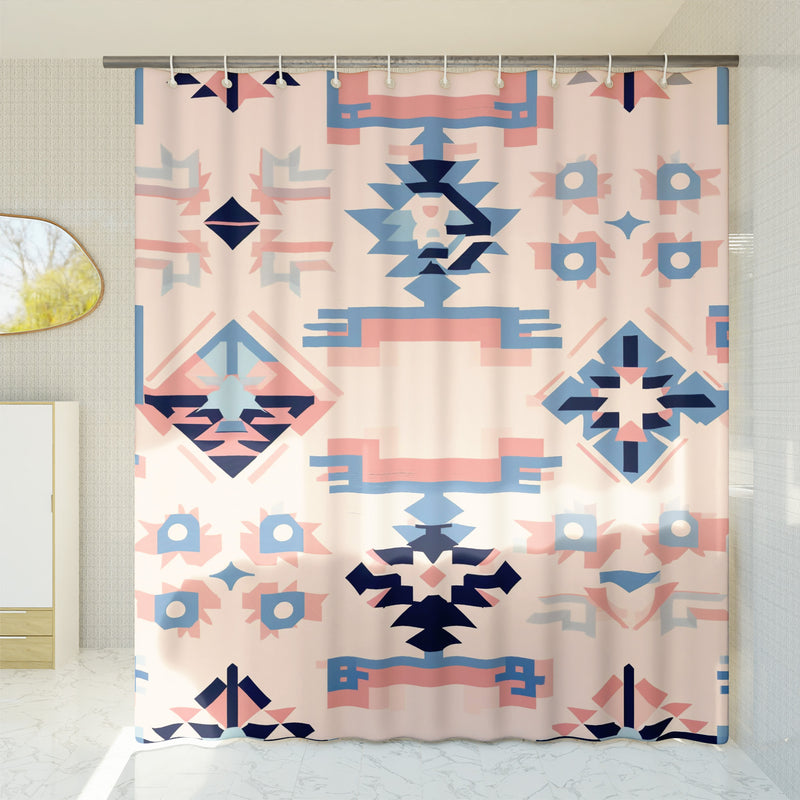 Aztec Western Shower Curtain - A pink pastel colorful, geometric shower curtain with an Aztec and Western-inspired design. Made from water-resistant, lightweight polyester fabric. Available in various sizes.