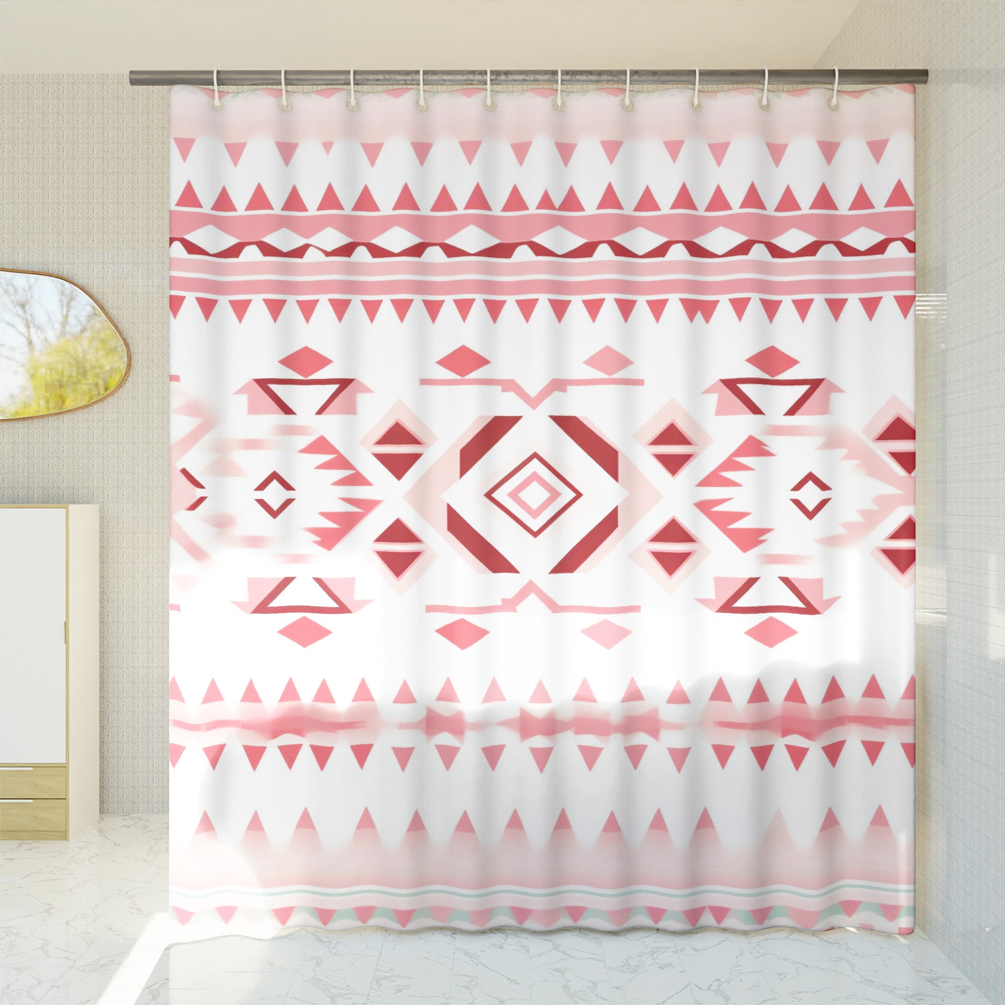 Aztec Pastel Pink White Shower Curtain South Western Abstract Geometric Pattern, Lightweight 100% Polyester, Water and Mildew Resistant, Multiple sizes with Hooks