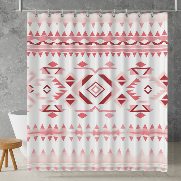 Aztec Western Shower Curtain - A pink white pastel colorful, geometric shower curtain with an Aztec and Western-inspired design. Made from water-resistant, lightweight polyester fabric. Available in various sizes.
