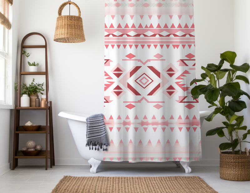 Aztec Western Shower Curtain - A pink white pastel colorful, geometric shower curtain with an Aztec and Western-inspired design. Made from water-resistant, lightweight polyester fabric. Available in various sizes.