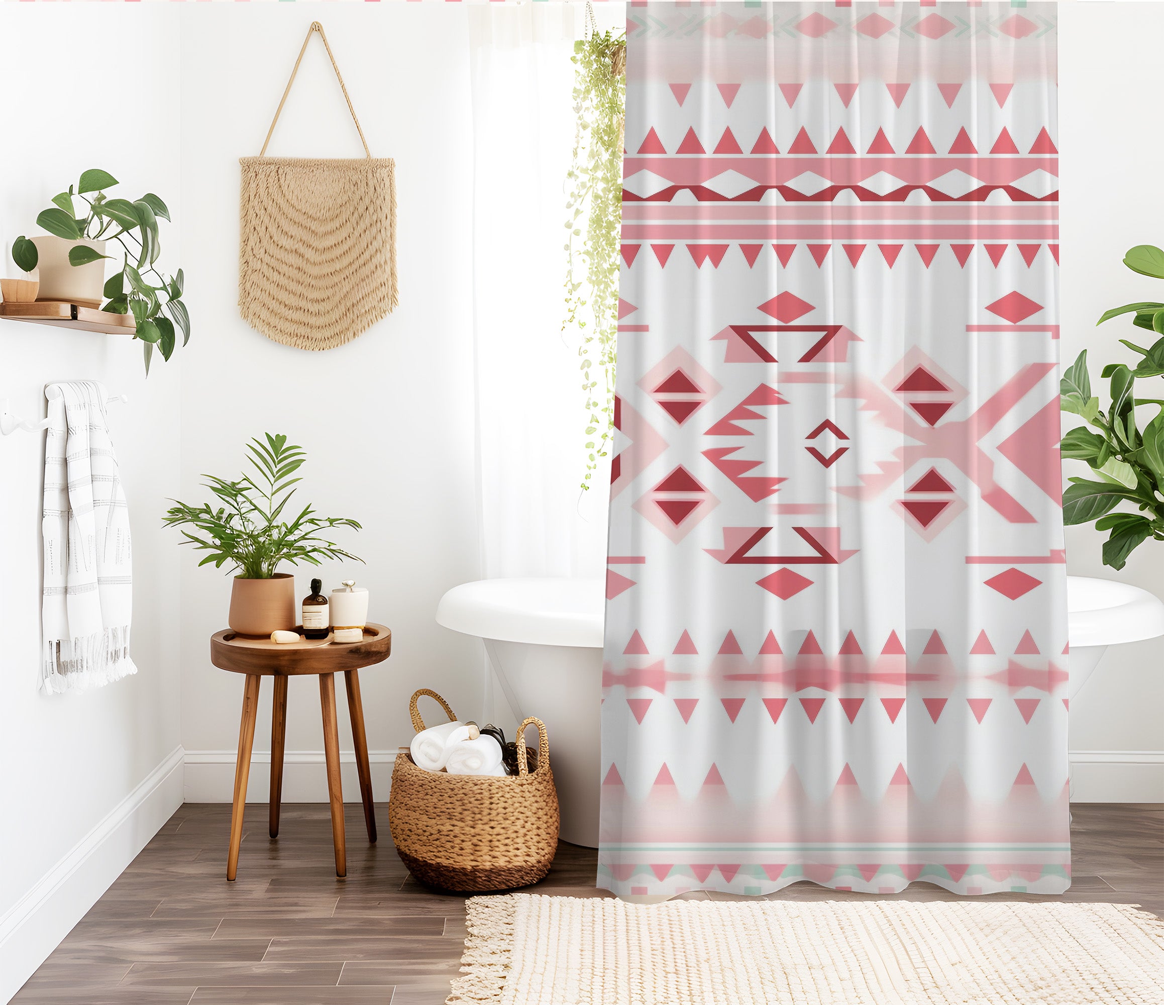 Aztec Pastel Pink White Shower Curtain South Western Abstract Geometric Pattern, Lightweight 100% Polyester, Water and Mildew Resistant, Multiple sizes with Hooks