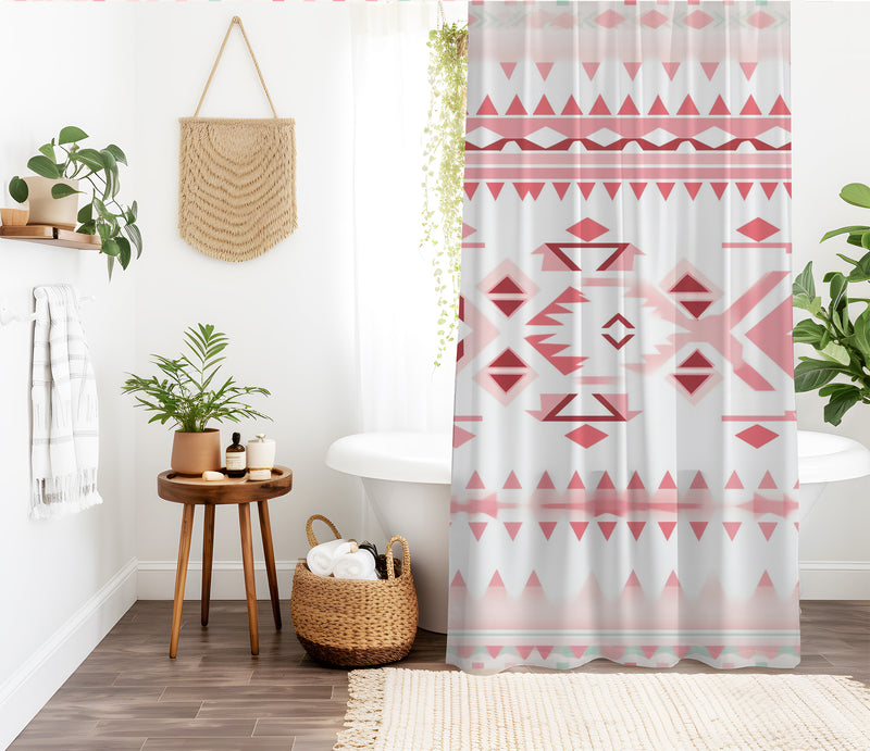 Aztec Western Shower Curtain - A pink white pastel colorful, geometric shower curtain with an Aztec and Western-inspired design. Made from water-resistant, lightweight polyester fabric. Available in various sizes.