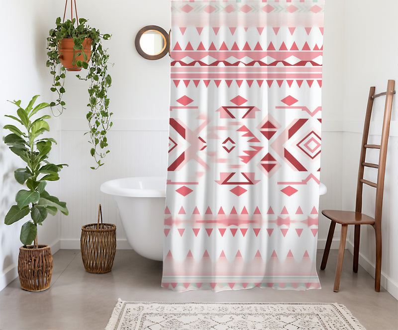 Aztec Western Shower Curtain - A pink white pastel colorful, geometric shower curtain with an Aztec and Western-inspired design. Made from water-resistant, lightweight polyester fabric. Available in various sizes.