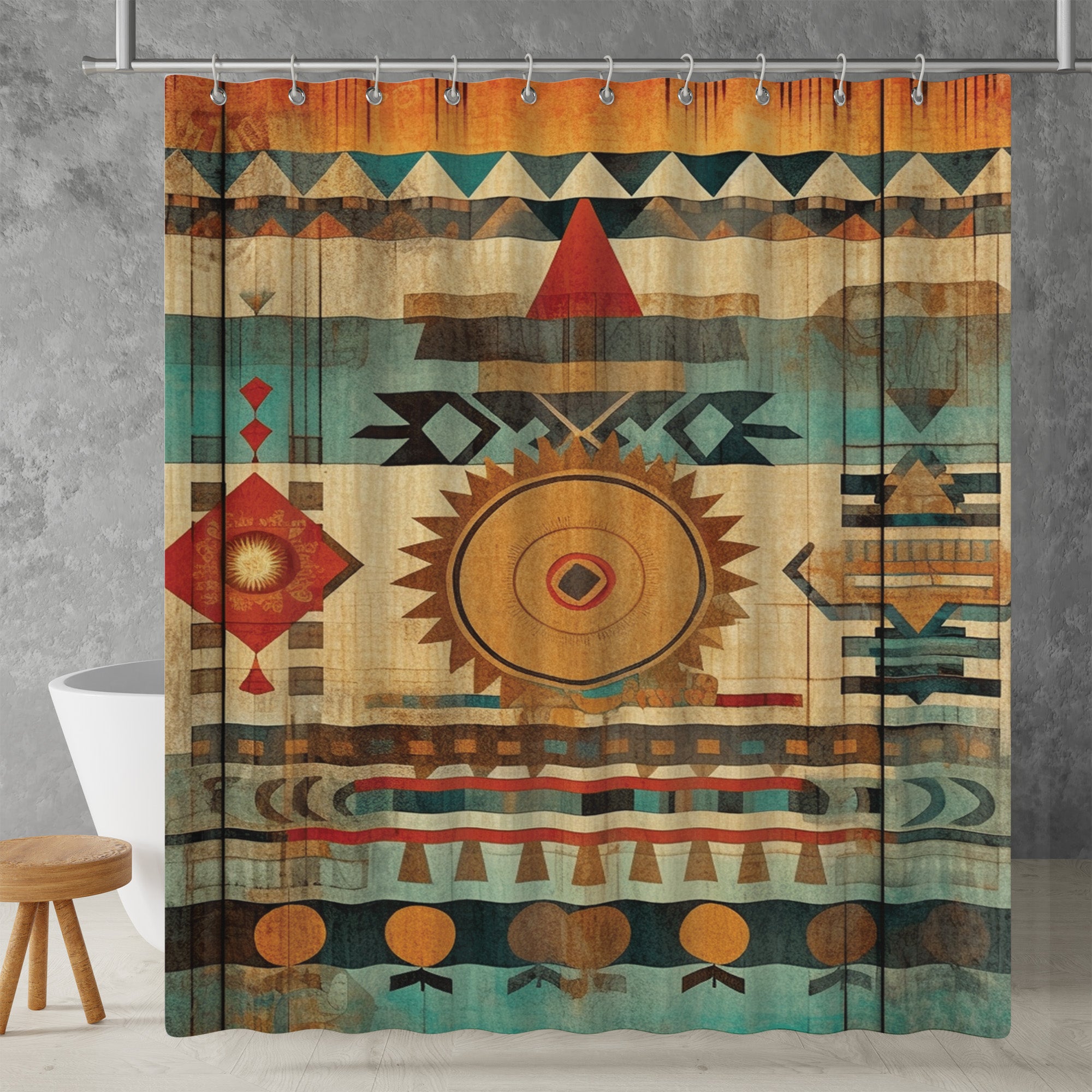 Aztec Western Shower Curtain Colorful Boho Abstract Grunge Geometric Pattern, Lightweight 100% Polyester, Water and Mildew Resistant, Multiple sizes with Hooks