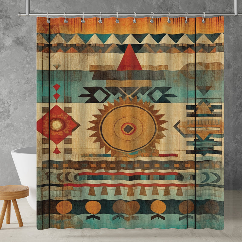 Aztec Western Shower Curtain - A vibrant colorful, geometric shower curtain with an Aztec and South Western-inspired design. Made from water-resistant, lightweight polyester fabric. Available in various sizes.