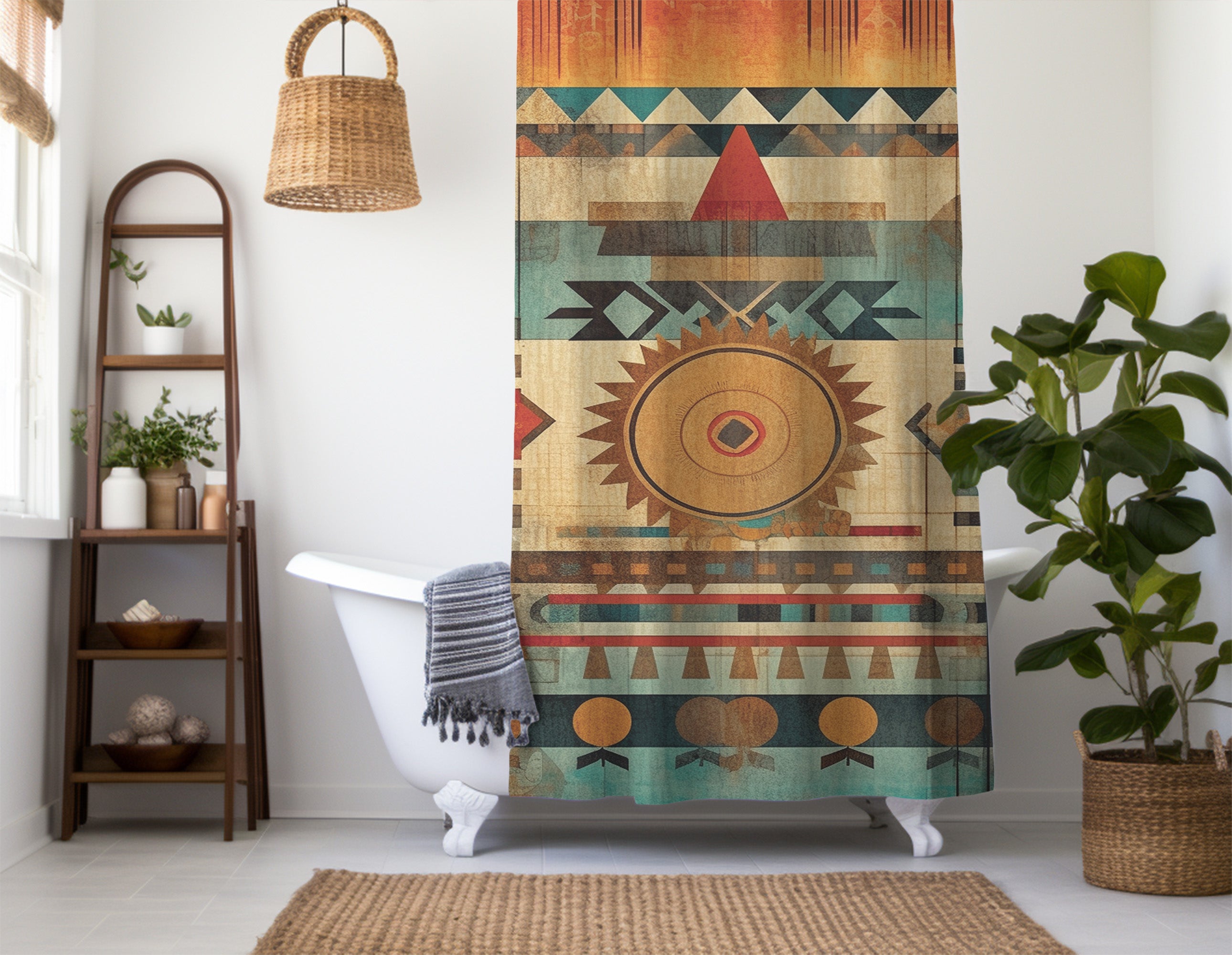 Aztec Western Shower Curtain Colorful Boho Abstract Grunge Geometric Pattern, Lightweight 100% Polyester, Water and Mildew Resistant, Multiple sizes with Hooks
