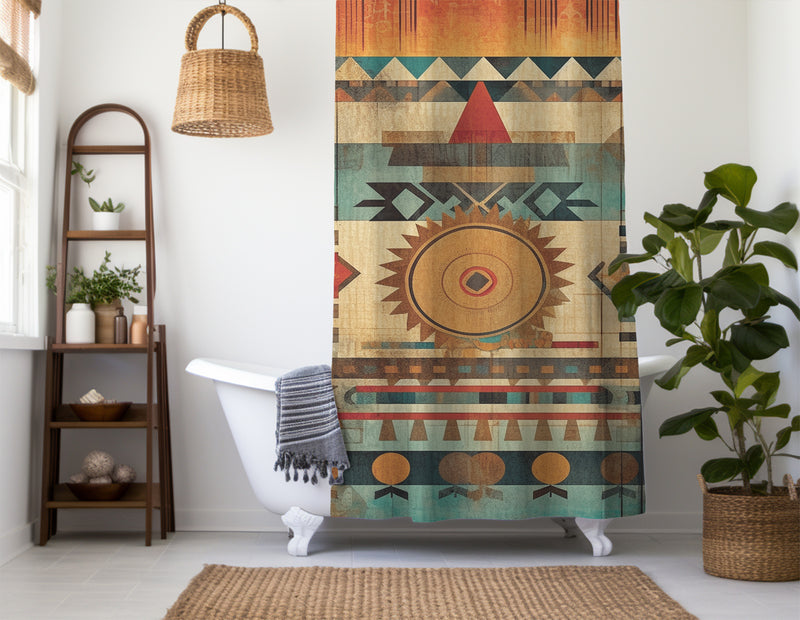 Aztec Western Shower Curtain - A vibrant colorful, geometric shower curtain with an Aztec and South Western-inspired design. Made from water-resistant, lightweight polyester fabric. Available in various sizes.