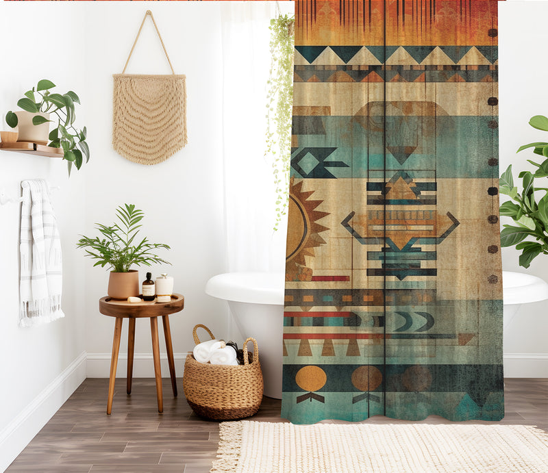 Aztec Western Shower Curtain - A vibrant colorful, geometric shower curtain with an Aztec and South Western-inspired design. Made from water-resistant, lightweight polyester fabric. Available in various sizes.