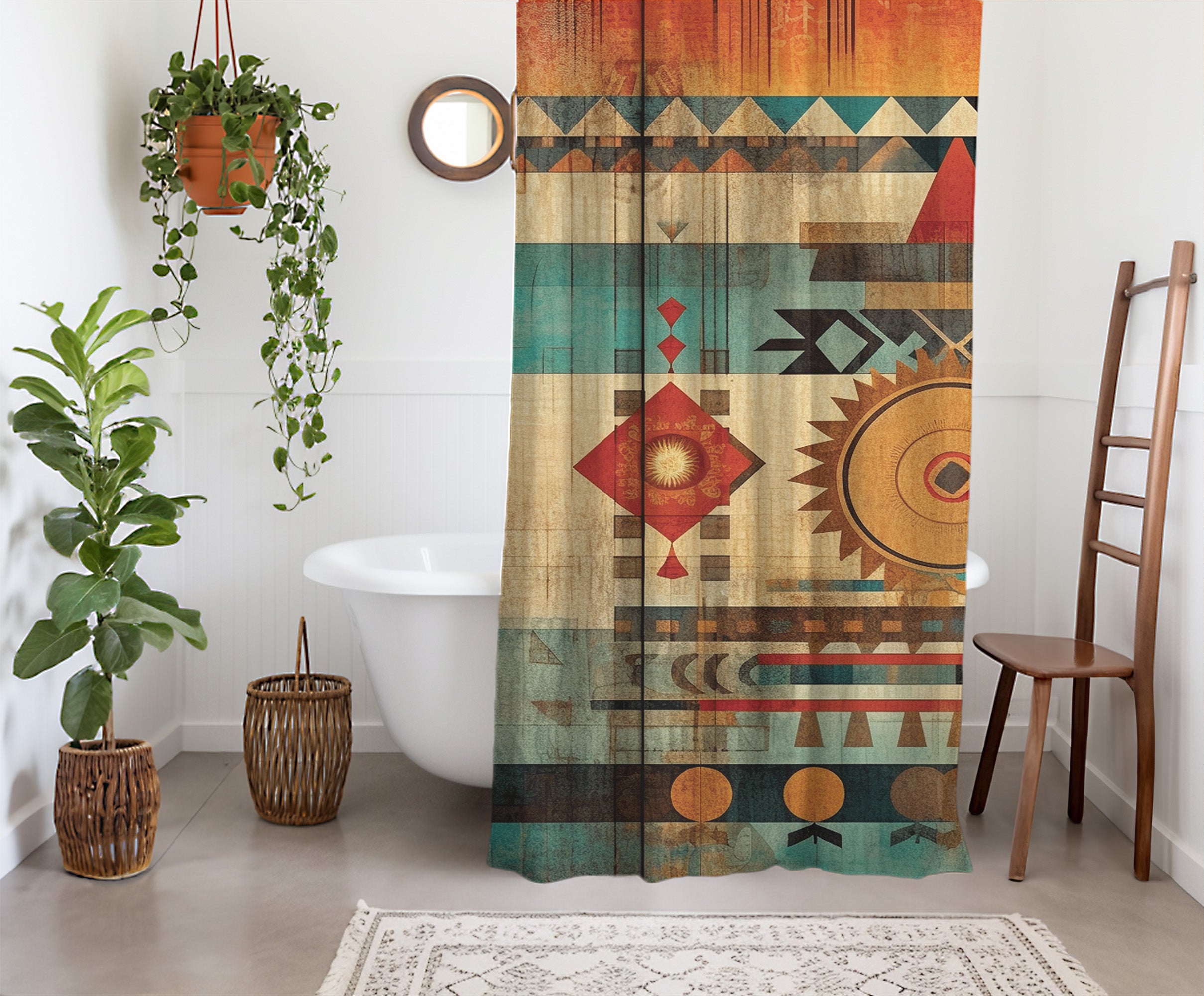 Aztec Western Shower Curtain Colorful Boho Abstract Grunge Geometric Pattern, Lightweight 100% Polyester, Water and Mildew Resistant, Multiple sizes with Hooks