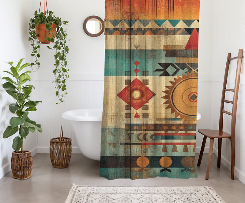 Aztec Western Shower Curtain - A vibrant colorful, geometric shower curtain with an Aztec and South Western-inspired design. Made from water-resistant, lightweight polyester fabric. Available in various sizes.