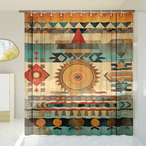 Aztec Western Shower Curtain - A vibrant colorful, geometric shower curtain with an Aztec and South Western-inspired design. Made from water-resistant, lightweight polyester fabric. Available in various sizes.