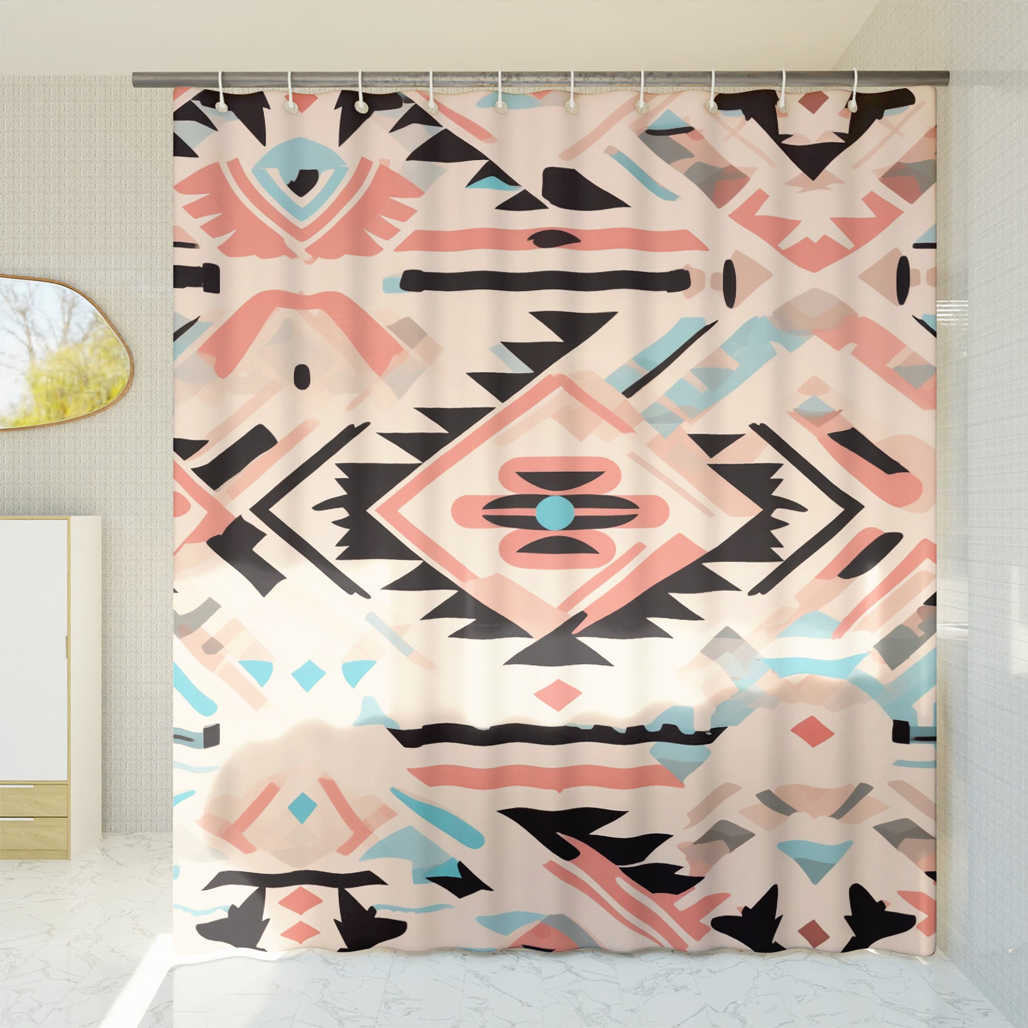 Aztec Pastel Pink Pastel Shower Curtain South Western Abstract Geometric Pattern, Lightweight 100% Polyester, Water and Mildew Resistant, Multiple sizes with Hooks