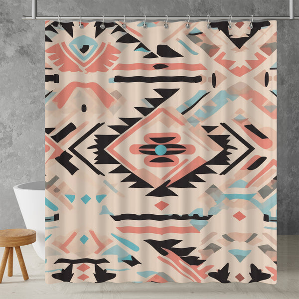 Aztec Western Shower Curtain - A pink blue pastel colorful, geometric shower curtain with an Aztec and Western-inspired design. Made from water-resistant, lightweight polyester fabric. Available in various sizes.