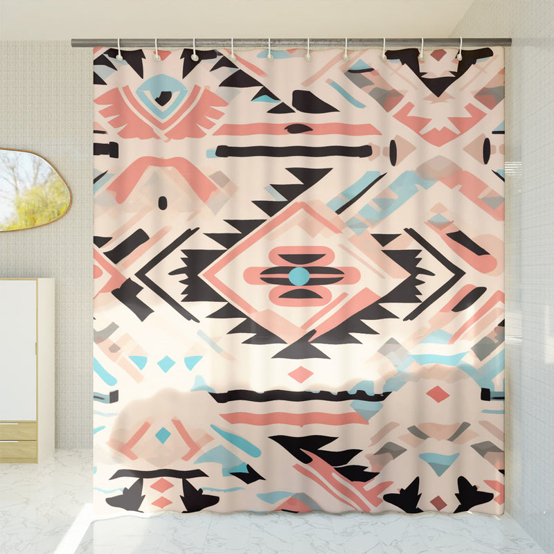 Aztec Western Shower Curtain - A pink blue pastel colorful, geometric shower curtain with an Aztec and Western-inspired design. Made from water-resistant, lightweight polyester fabric. Available in various sizes.