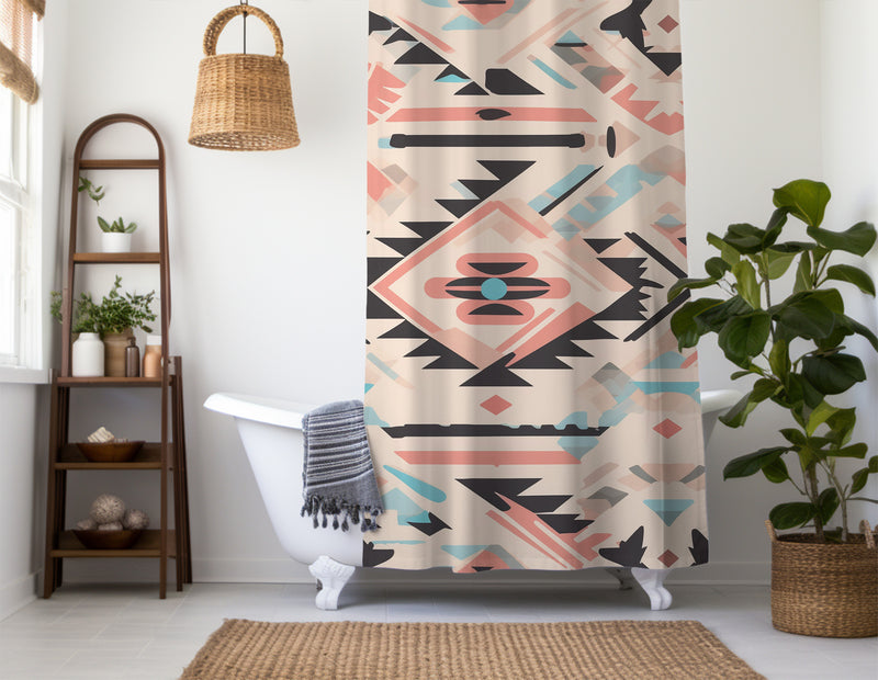 Aztec Western Shower Curtain - A pink blue pastel colorful, geometric shower curtain with an Aztec and Western-inspired design. Made from water-resistant, lightweight polyester fabric. Available in various sizes.