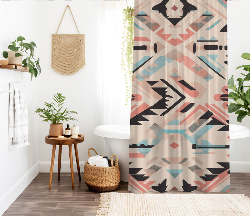 Aztec Western Shower Curtain - A pink blue pastel colorful, geometric shower curtain with an Aztec and Western-inspired design. Made from water-resistant, lightweight polyester fabric. Available in various sizes.