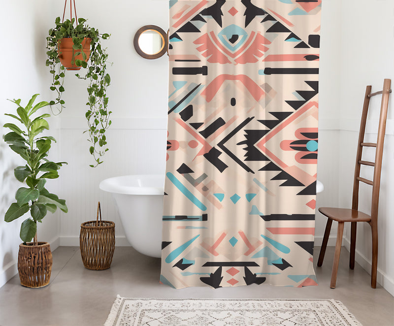 Aztec Western Shower Curtain - A pink blue pastel colorful, geometric shower curtain with an Aztec and Western-inspired design. Made from water-resistant, lightweight polyester fabric. Available in various sizes.