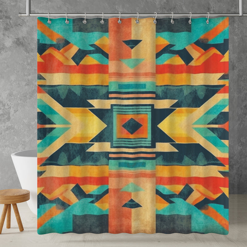 Aztec Western Shower Curtain - A colorful, geometric shower curtain with an Aztec and Western-inspired design. Made from water-resistant, lightweight polyester fabric. Available in various sizes.