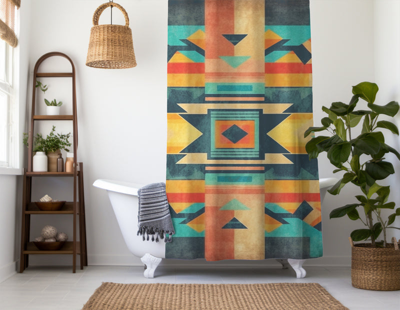 Aztec Western Shower Curtain - A colorful, geometric shower curtain with an Aztec and Western-inspired design. Made from water-resistant, lightweight polyester fabric. Available in various sizes.