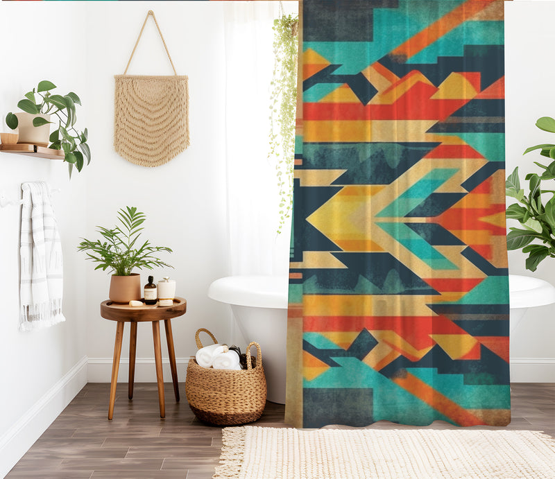 Aztec Western Shower Curtain - A colorful, geometric shower curtain with an Aztec and Western-inspired design. Made from water-resistant, lightweight polyester fabric. Available in various sizes.