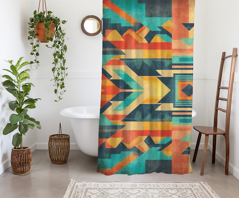 Aztec Western Shower Curtain - A colorful, geometric shower curtain with an Aztec and Western-inspired design. Made from water-resistant, lightweight polyester fabric. Available in various sizes.