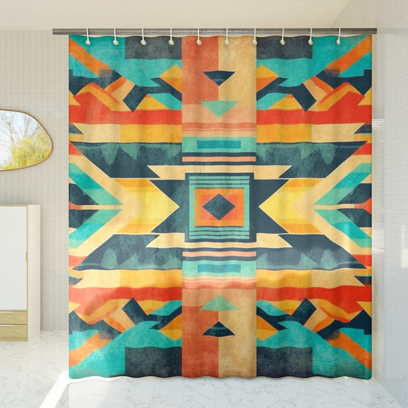 Aztec Western Shower Curtain - A colorful, geometric shower curtain with an Aztec and Western-inspired design. Made from water-resistant, lightweight polyester fabric. Available in various sizes.