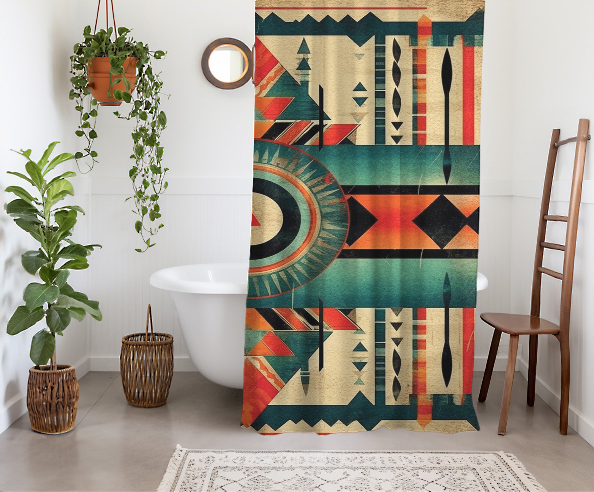 Aztec Western Shower Curtain Boho Grunge Geometric Colorful Abstract Pattern, Lightweight 100% Polyester, Water and Mildew Resistant, Multiple sizes with Hooks