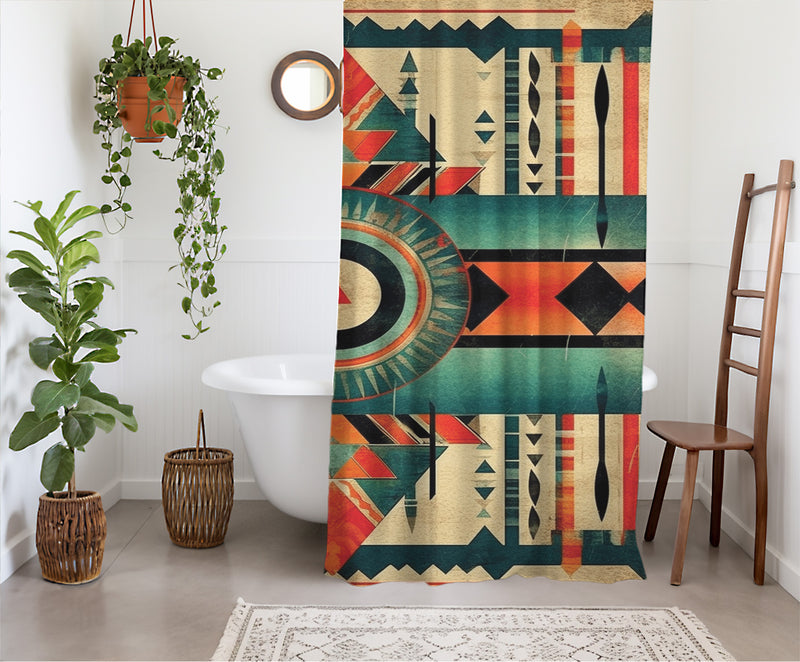 Aztec Western Shower Curtain Boho Grunge Geometric Colorful Abstract Pattern, Lightweight 100% Polyester, Water and Mildew Resistant, Multiple sizes with Hooks