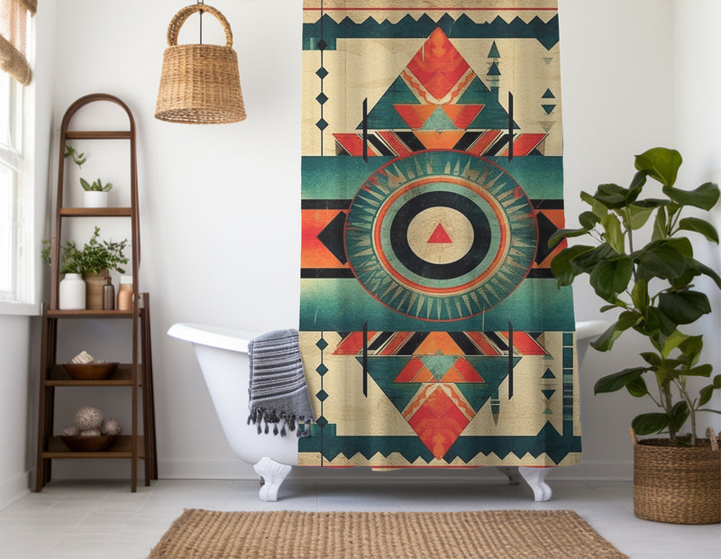 Aztec Western Shower Curtain Boho Grunge Geometric Colorful Abstract Pattern, Lightweight 100% Polyester, Water and Mildew Resistant, Multiple sizes with Hooks