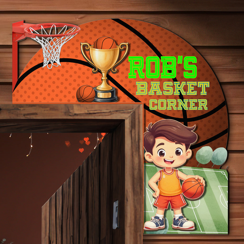 PERSONALIZED Wooden Door Corner | CUSTOM Door Topper Name Plate for KIDS | Single/Double Layer | 10” & 15” Sizes | Basketball