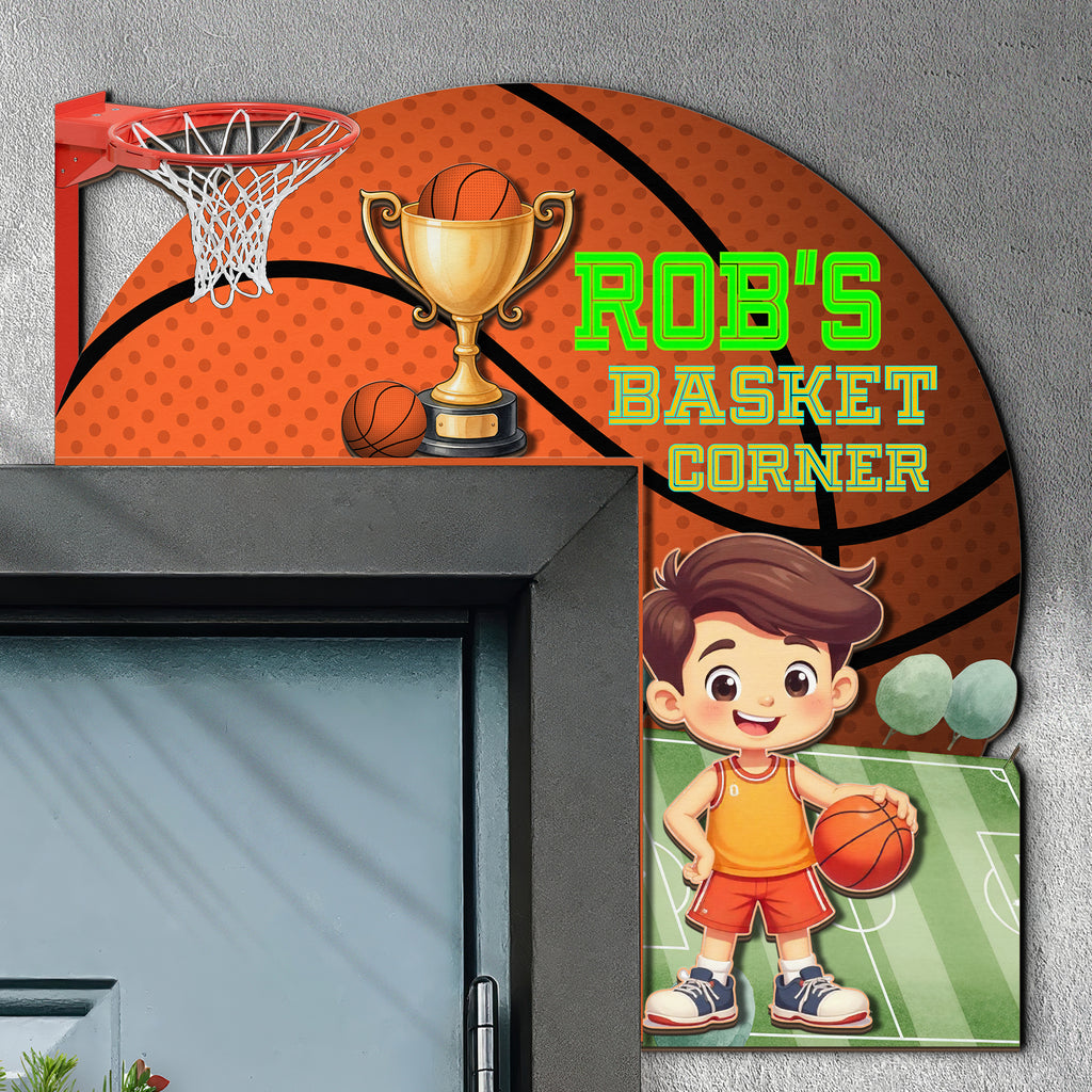 PERSONALIZED Wooden Door Corner | CUSTOM Door Topper Name Plate for KIDS | Single/Double Layer | 10” & 15” Sizes | Basketball