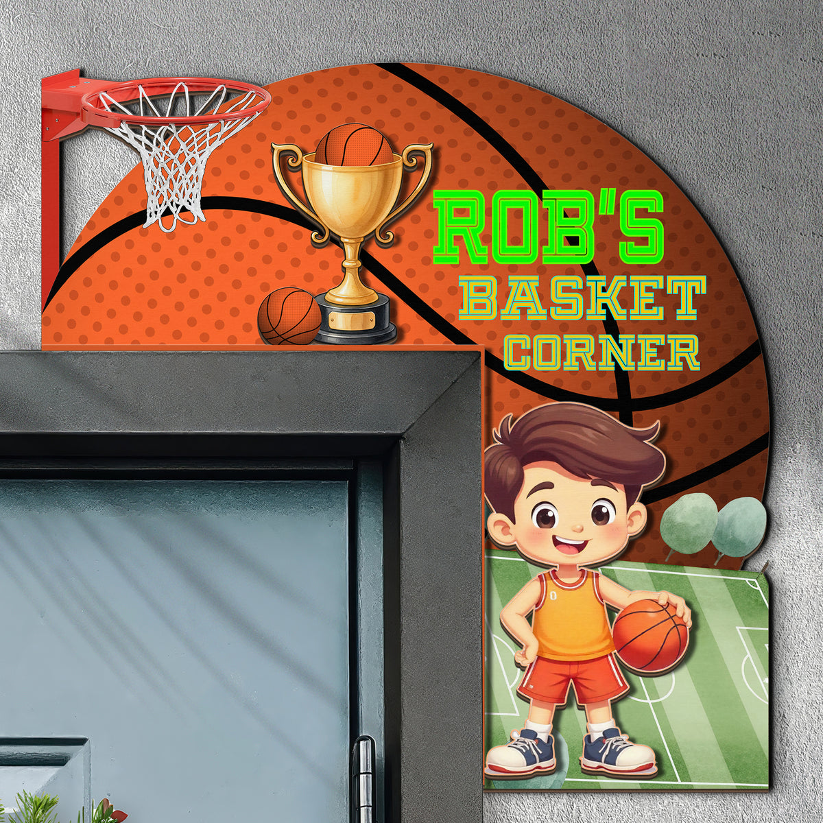 PERSONALIZED Wooden Door Corner | CUSTOM Door Topper Name Plate for KIDS | Single/Double Layer | 10” & 15” Sizes | Basketball