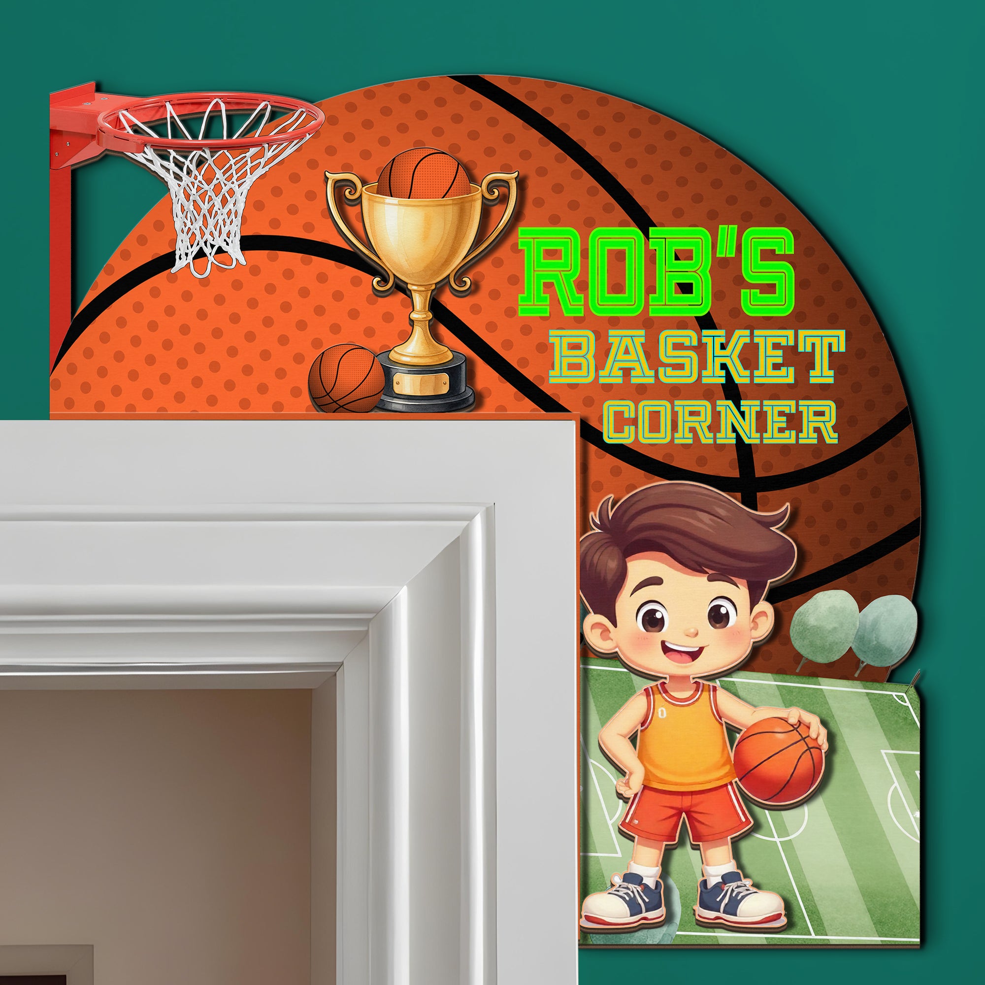 PERSONALIZED Wooden Door Corner | CUSTOM Door Topper Name Plate for KIDS | Single/Double Layer | 10” & 15” Sizes | Basketball