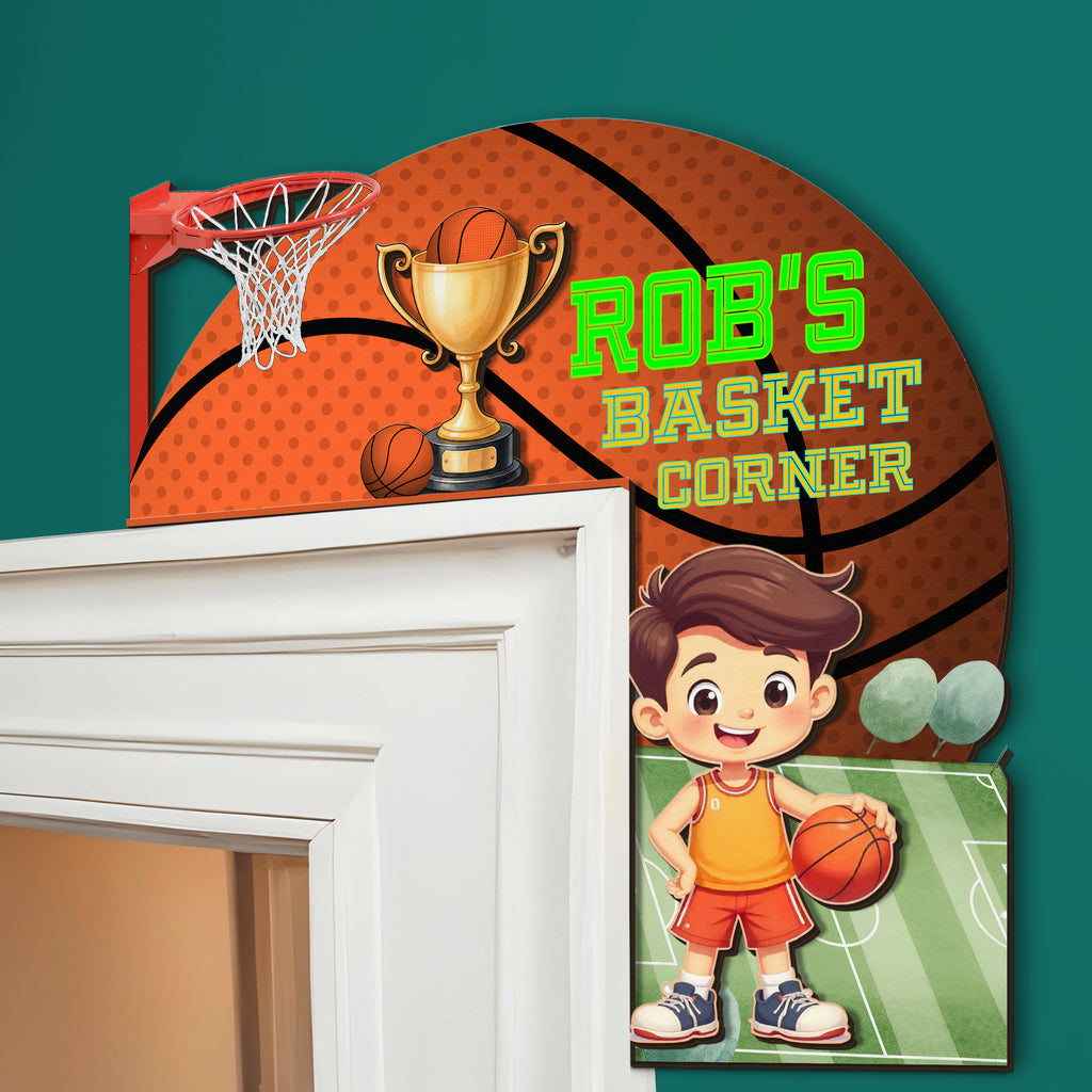PERSONALIZED Wooden Door Corner | CUSTOM Door Topper Name Plate for KIDS | Single/Double Layer | 10” & 15” Sizes | Basketball
