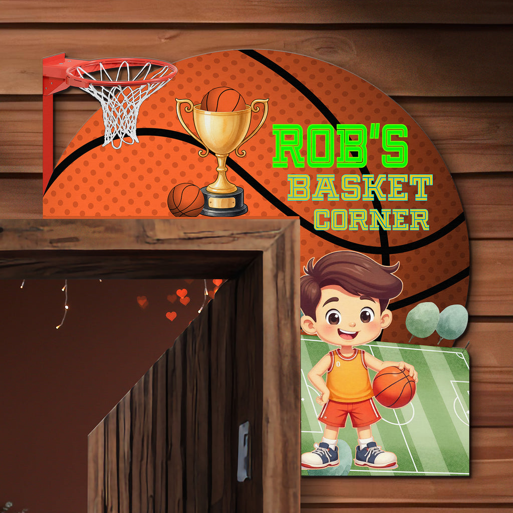PERSONALIZED Wooden Door Corner | CUSTOM Door Topper Name Plate for KIDS | Single/Double Layer | 10” & 15” Sizes | Basketball