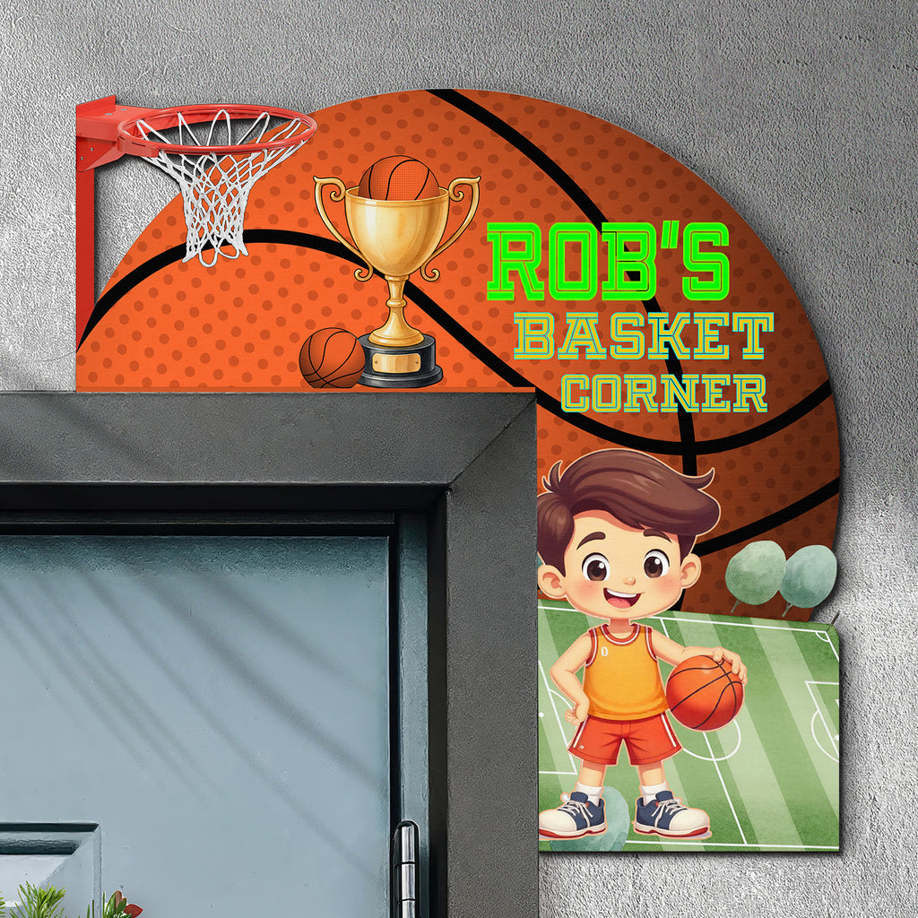 PERSONALIZED Wooden Door Corner | CUSTOM Door Topper Name Plate for KIDS | Single/Double Layer | 10” & 15” Sizes | Basketball