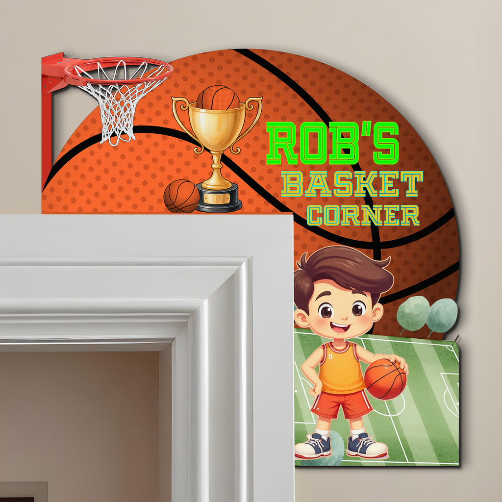 PERSONALIZED Wooden Door Corner | CUSTOM Door Topper Name Plate for KIDS | Single/Double Layer | 10” & 15” Sizes | Basketball