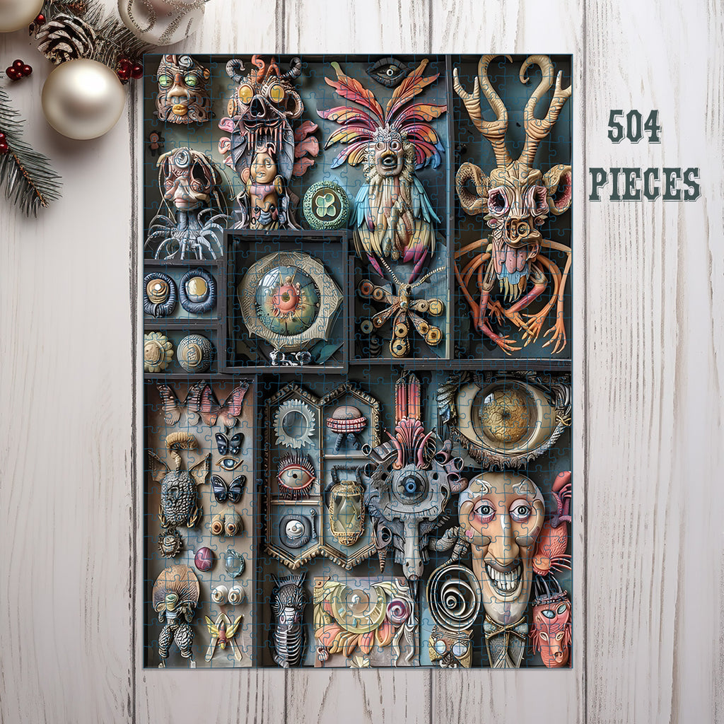 504-piece Surreal Creatures Curiosity Cabinet wooden jigsaw puzzle