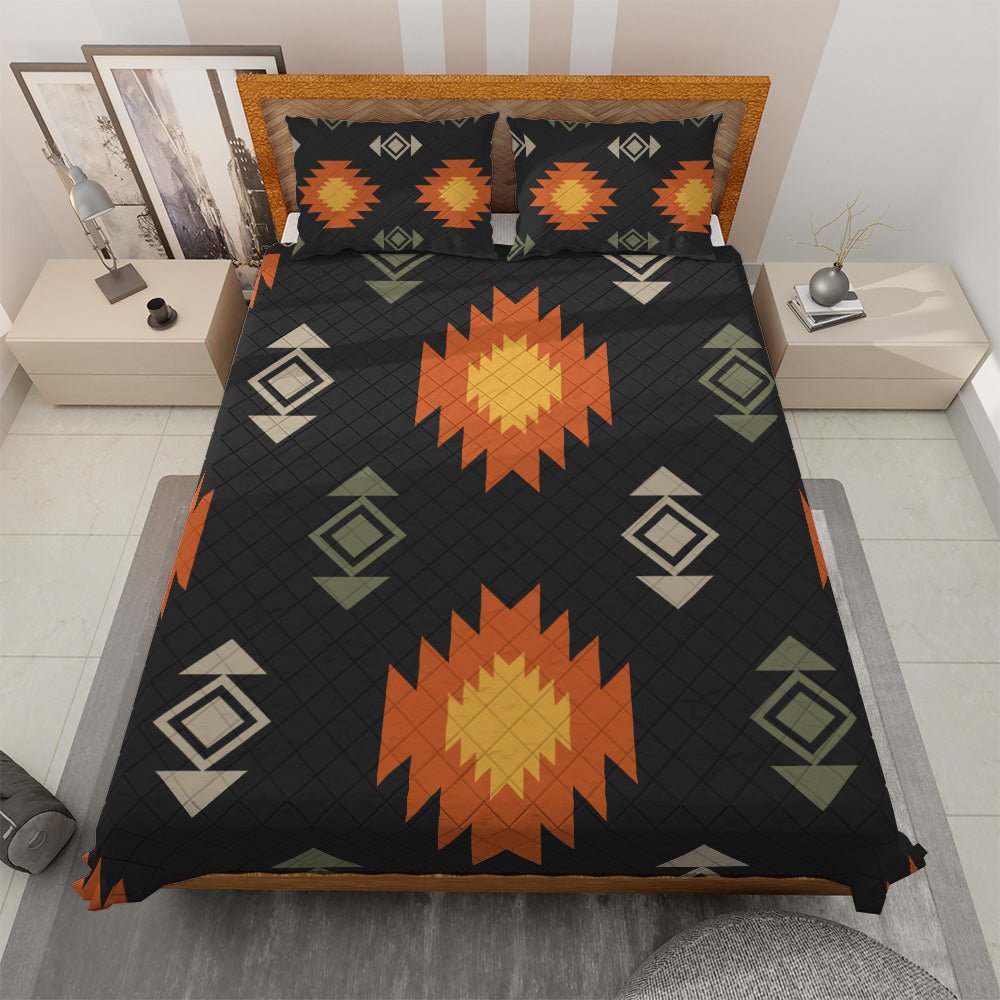 Black Southwestern bedding set with orange, cream and green geometric motifs