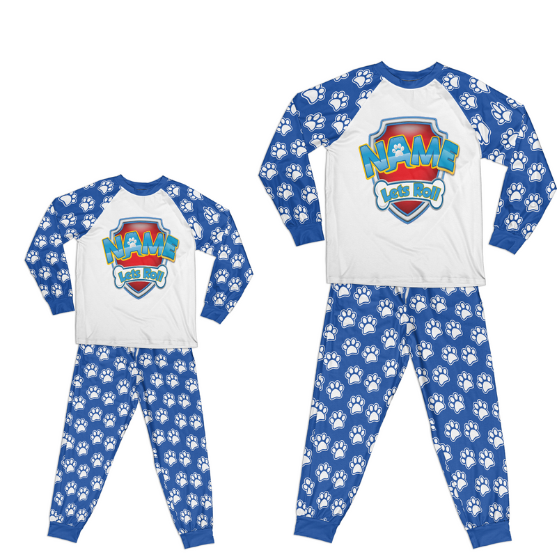 Personalized Family Pajama Sets | Matching Cartoon Xmas Jammies for ADULTS | Christmas Holiday family PJs | Custom Blue Paw and Bones night suit