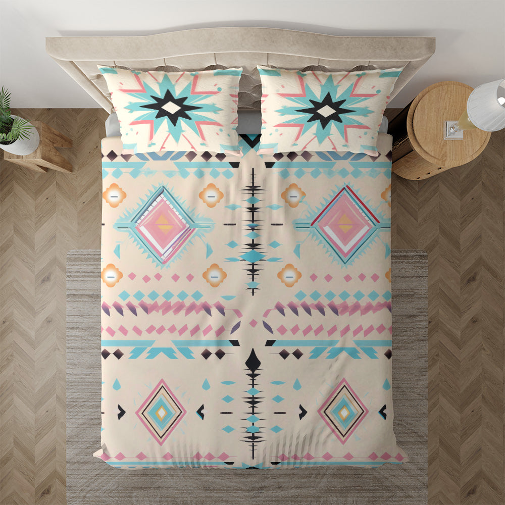 Pastel Boho Geometric bedding displayed at an angle on a bed