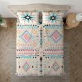 Pastel Boho Geometric bedding displayed at an angle on a bed