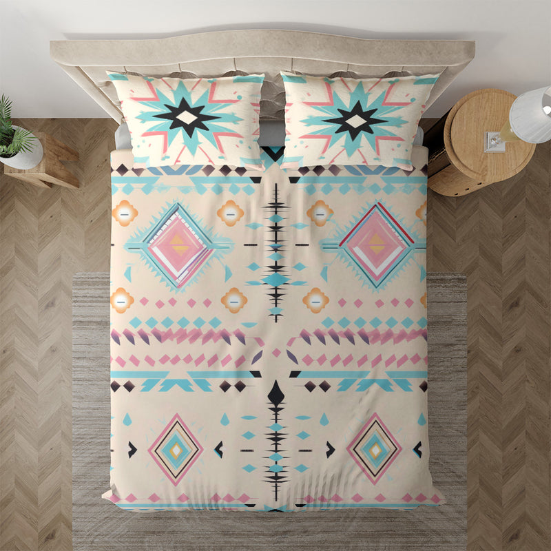 Duvet cover with matching Pillow cases | Luxury Bedding set | Twin, Queen, King Sizes | Boho Geometric Cyan Pink