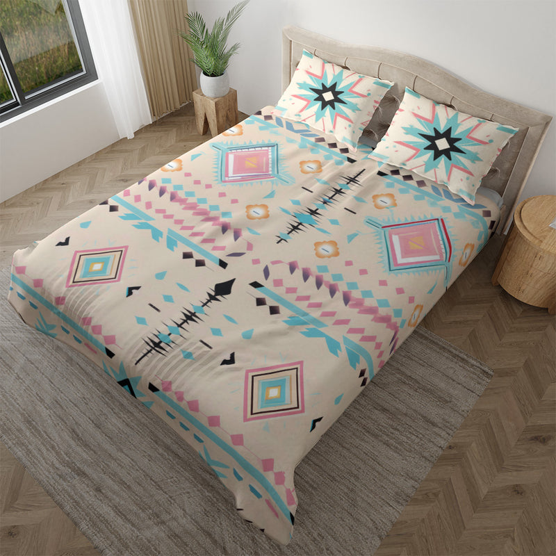 Duvet cover with matching Pillow cases | Luxury Bedding set | Twin, Queen, King Sizes | Boho Geometric Cyan Pink