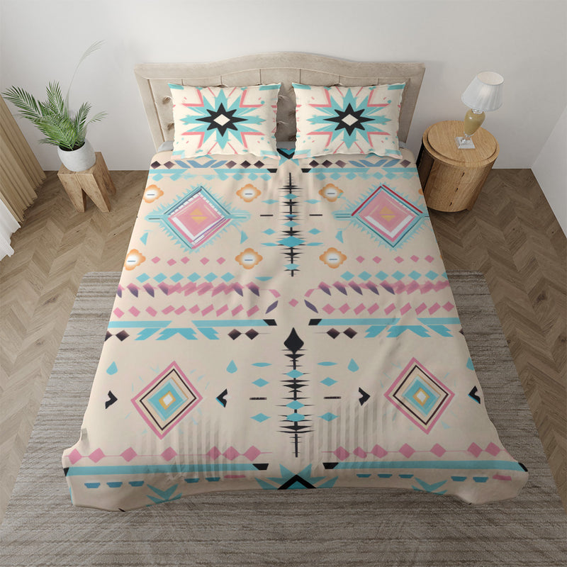 Duvet cover with matching Pillow cases | Luxury Bedding set | Twin, Queen, King Sizes | Boho Geometric Cyan Pink