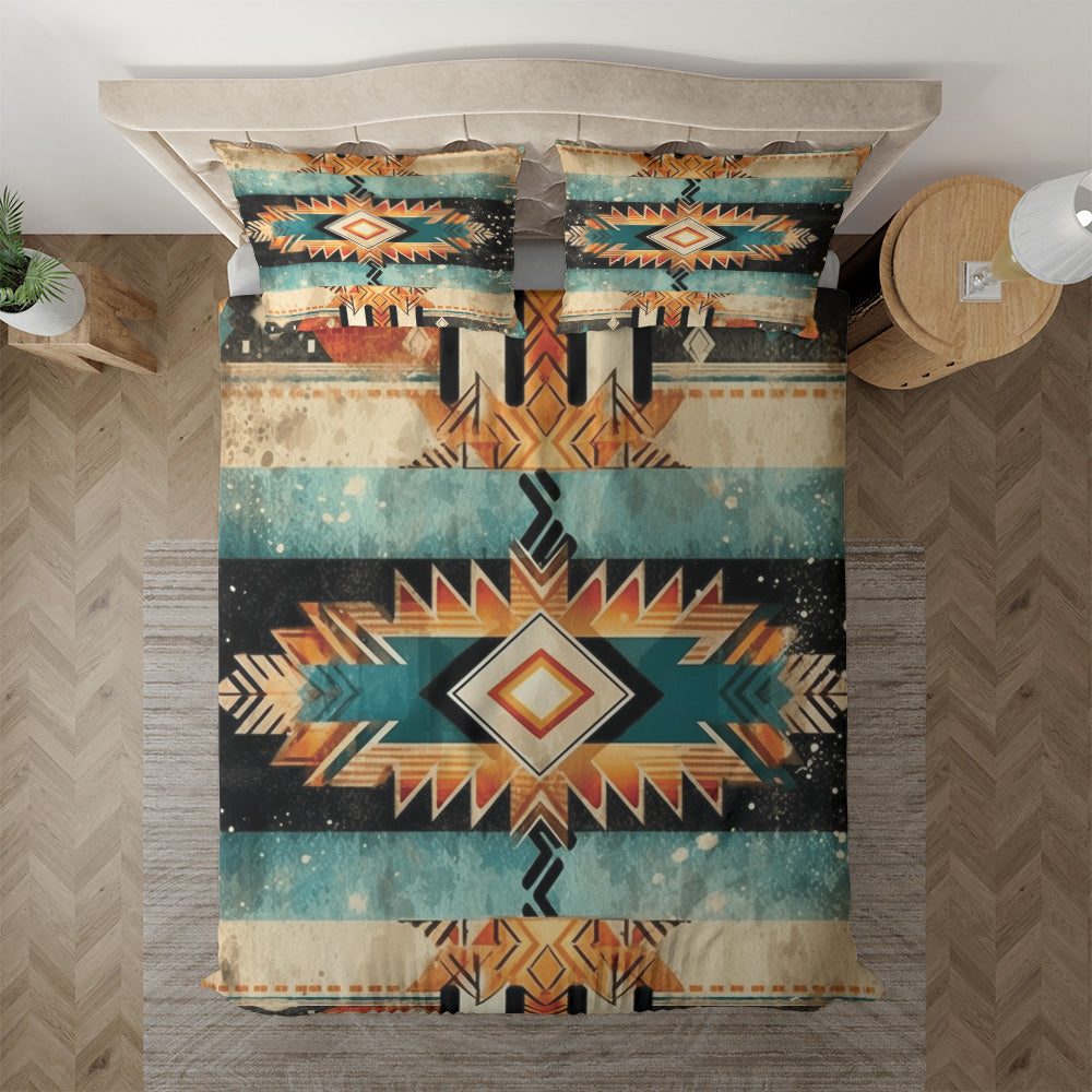 Rustic Boho Geometric bedding displayed at an angle on a bed