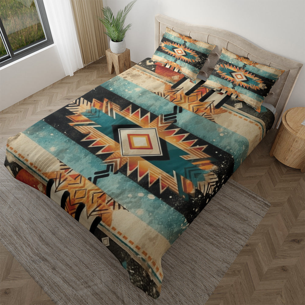 Rustic Boho Geometric duvet cover set shown from above