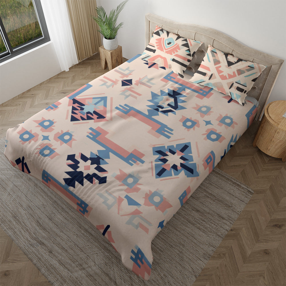 Blush geometric duvet cover set displayed on bedroom bed